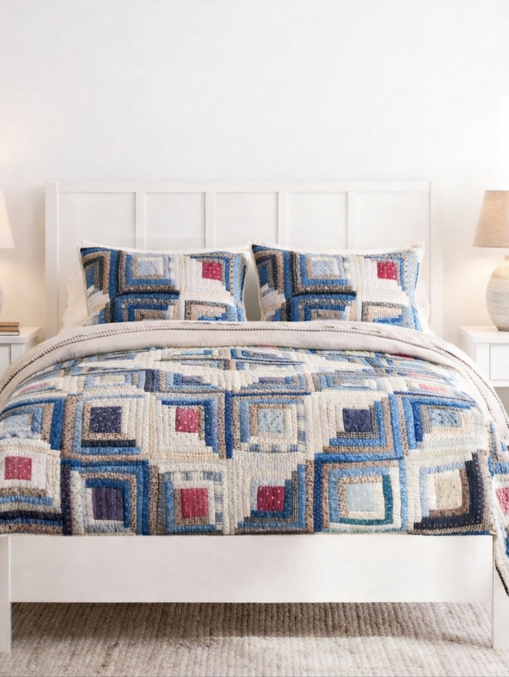Pottery Barn Lasson Handcrafted Applique Quilt King/Cal King Blue Patchwork New